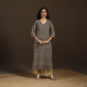 Ajrakh Hand Block Print Natural Dyed Cotton Thread Work Straight Long Kurta for women 07