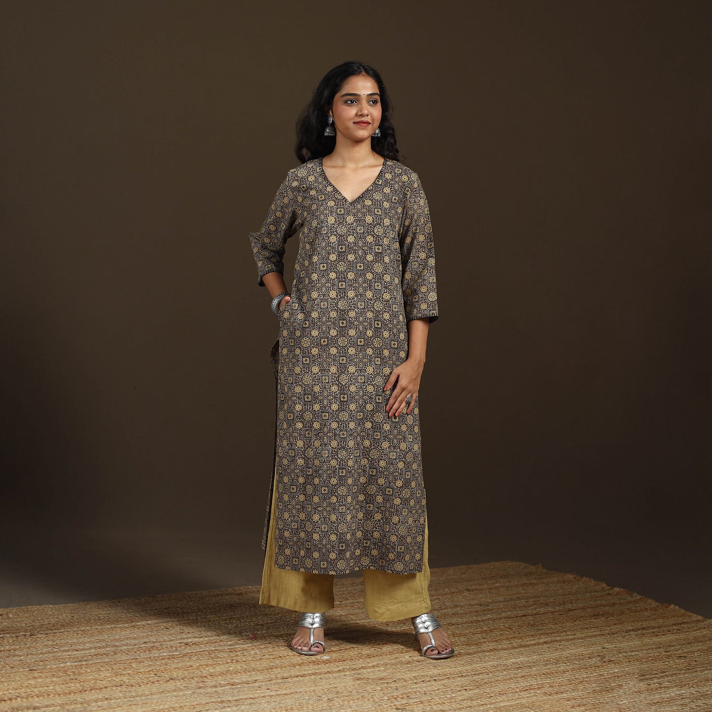 Ajrakh Hand Block Print Natural Dyed Cotton Thread Work Straight Long Kurta for women 07
