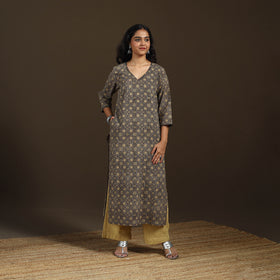 Ajrakh Hand Block Print Natural Dyed Cotton Thread Work Straight Long Kurta for women 07