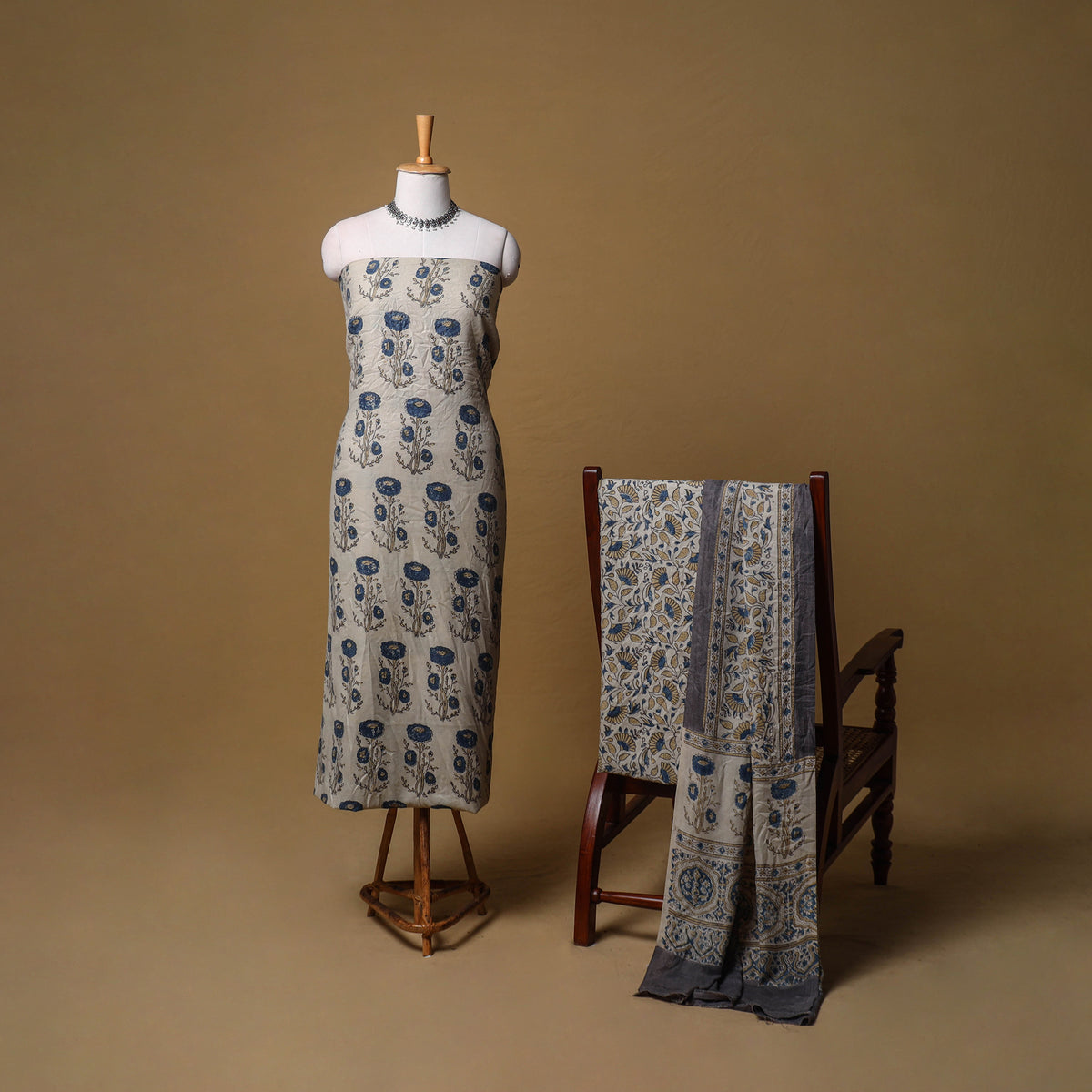 Woolen Ajrakh Hand Block Print Unstitched Dress Material: Kurta, Bottom with Dupatta 24