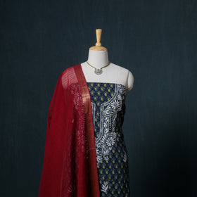 Lucknowi Chikankari Hand Work Unstitched Dress Material: Kurta & Dupatta with Jewellery 42
