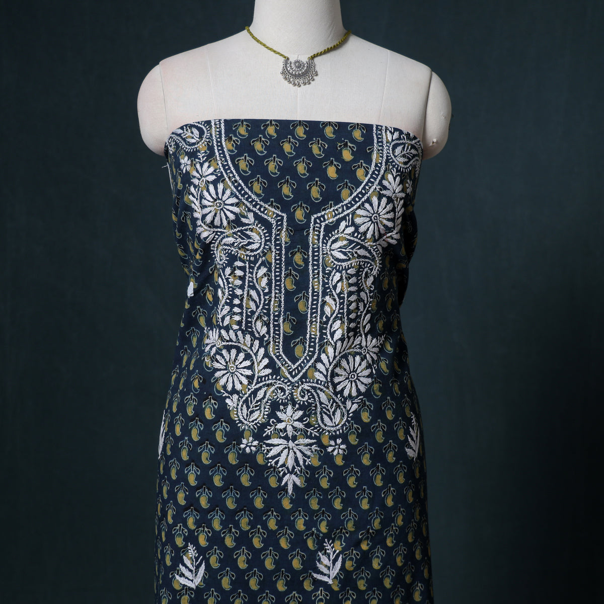 Lucknowi Chikankari Hand Work Unstitched Dress Material: Kurta & Dupatta with Jewellery 42