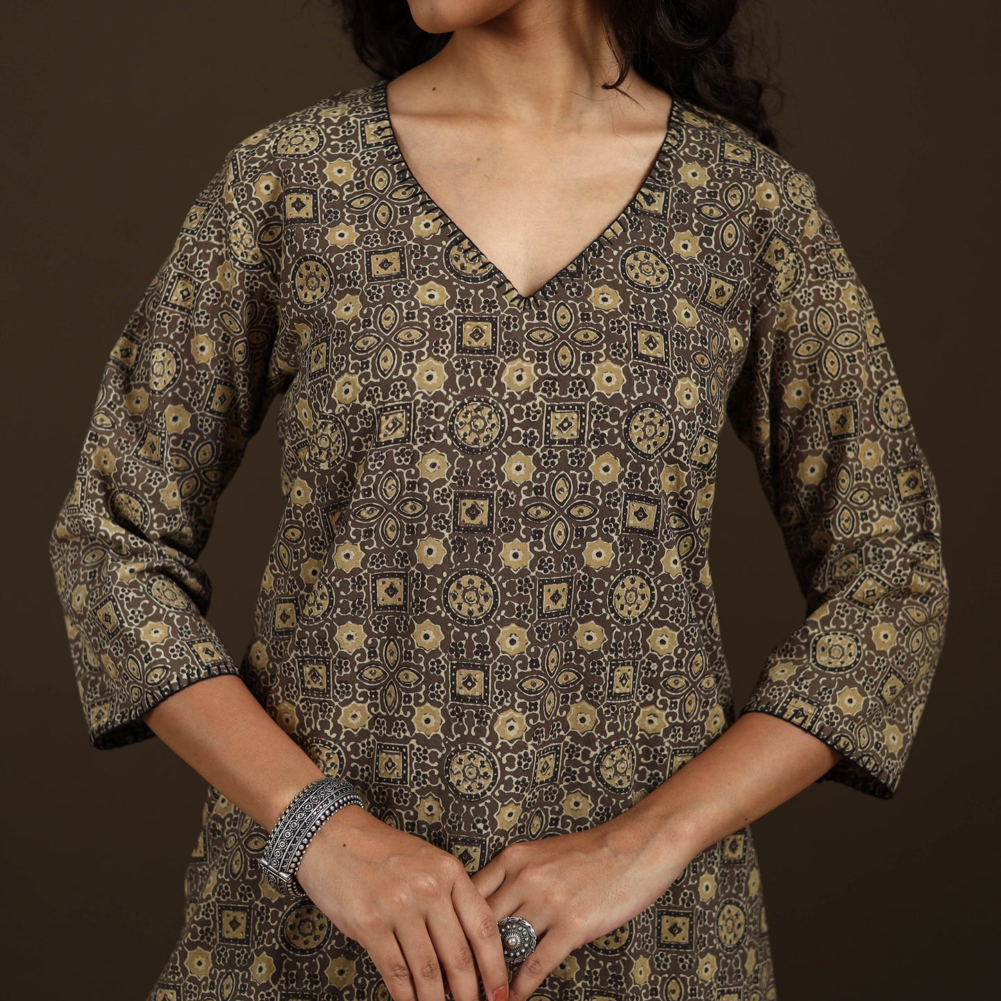 Ajrakh Hand Block Print Natural Dyed Cotton Thread Work Straight Long Kurta for women 07