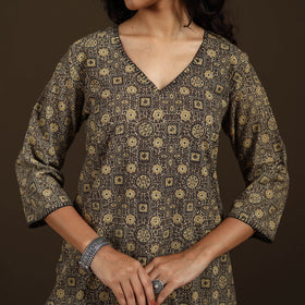 Ajrakh Hand Block Print Natural Dyed Cotton Thread Work Straight Long Kurta for women 07