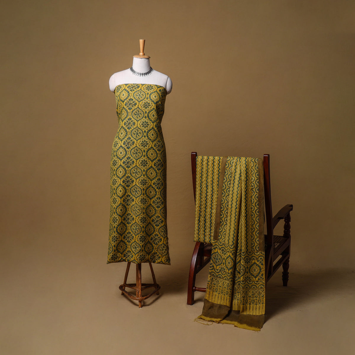 Woolen Ajrakh Hand Block Print Unstitched Dress Material: Kurta, Bottom with Dupatta 25