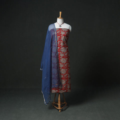 Ajrakh Block Print Natural Dyed Cotton Unstitched Dress Material: Kurta & Dupatta with Jewellery 05