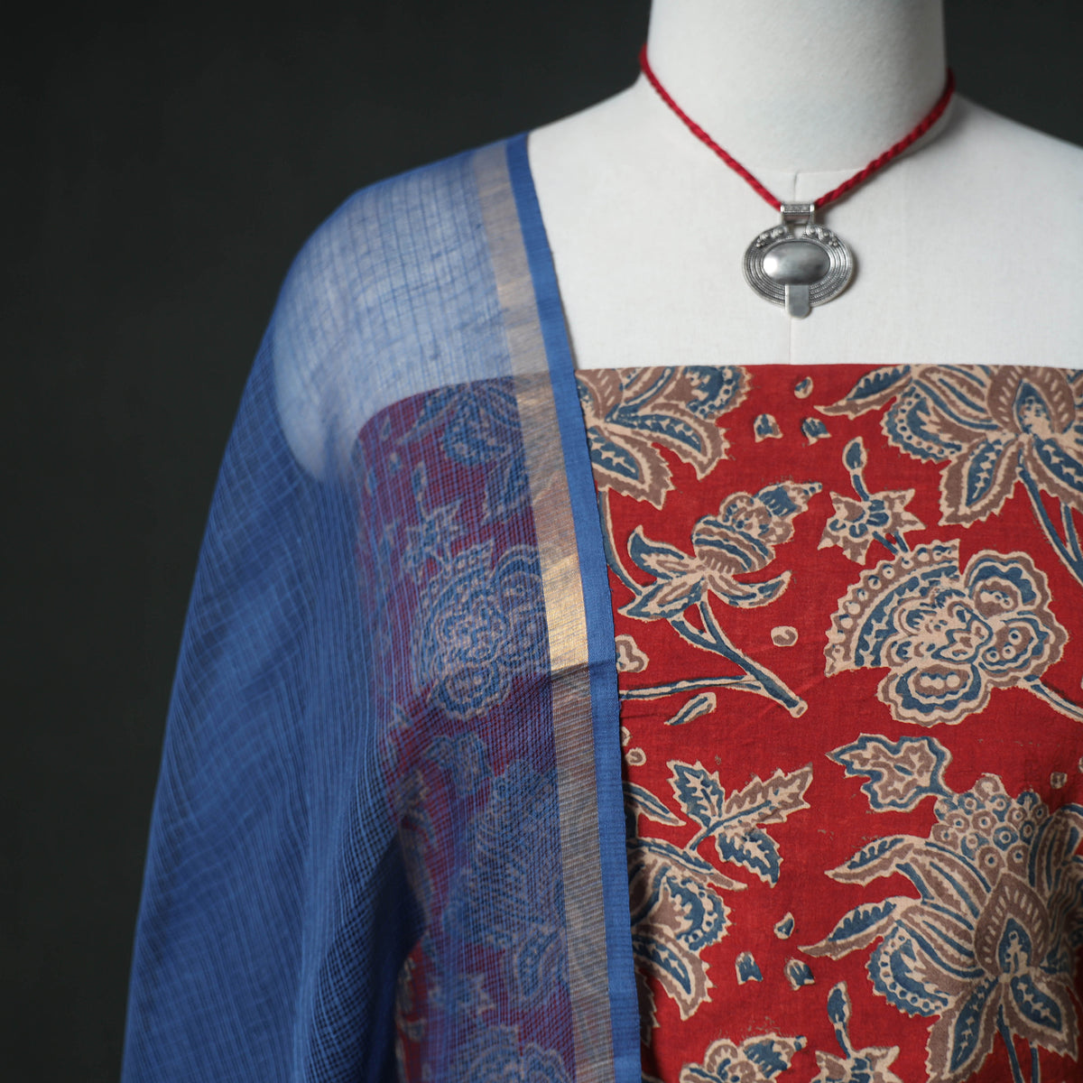 Ajrakh Block Print Natural Dyed Cotton Unstitched Dress Material: Kurta & Dupatta with Jewellery 05