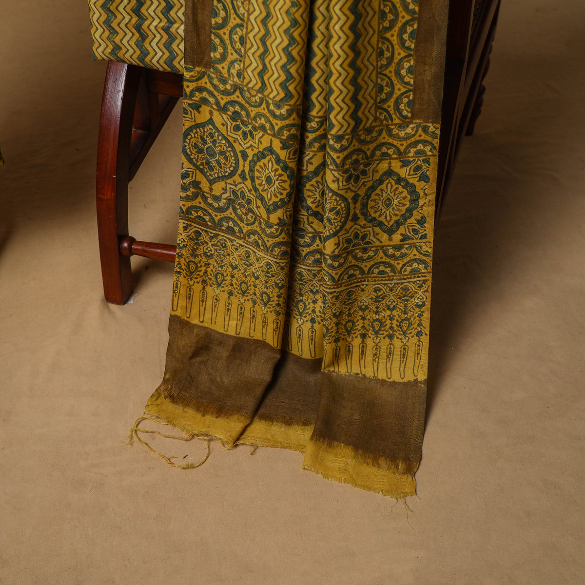 Woolen Ajrakh Hand Block Print Unstitched Dress Material: Kurta, Bottom with Dupatta 25