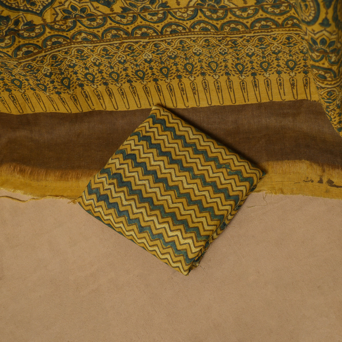 Woolen Ajrakh Hand Block Print Unstitched Dress Material: Kurta, Bottom with Dupatta 25