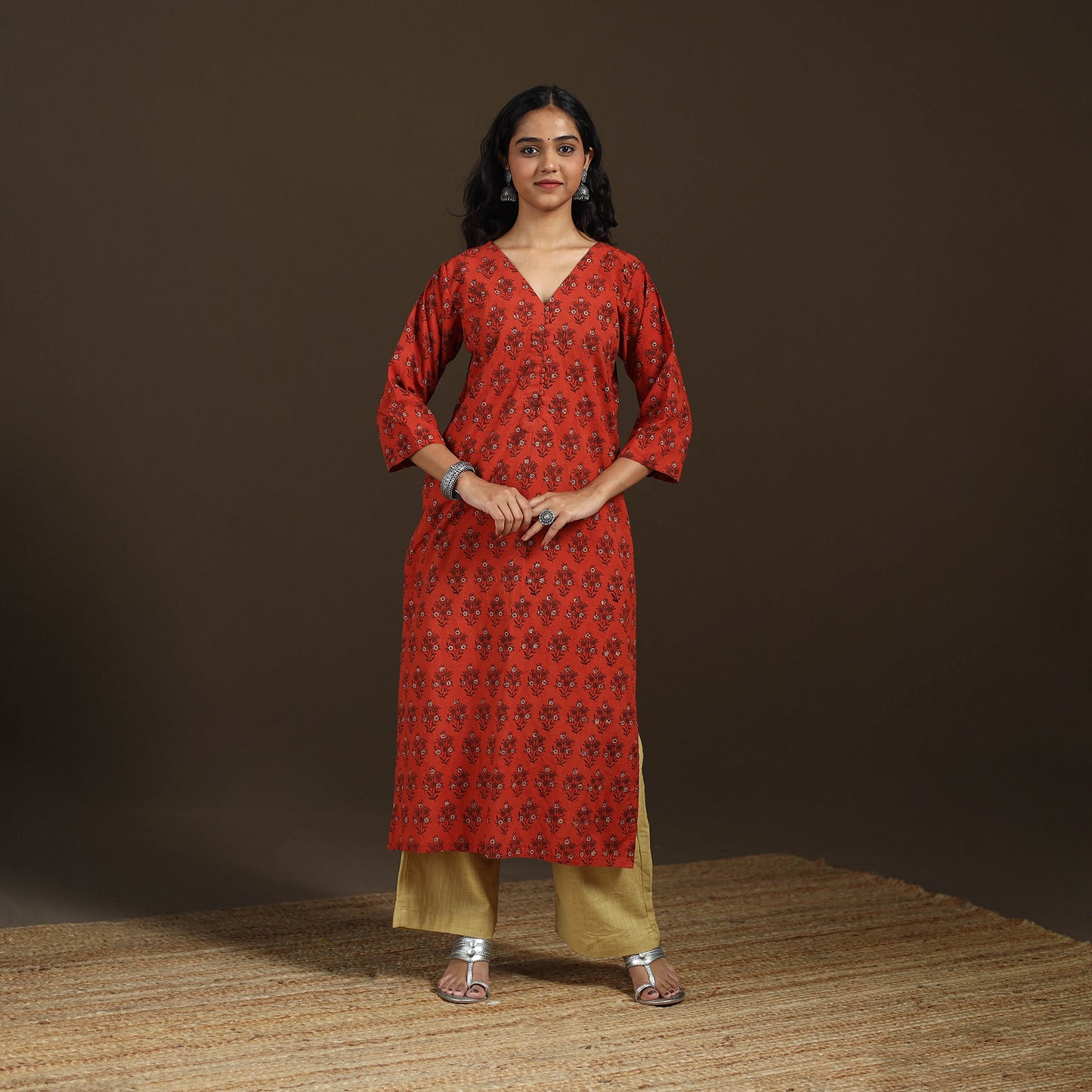 Ajrakh Hand Block Print Natural Dyed Cotton Straight Long Kurta for women 13