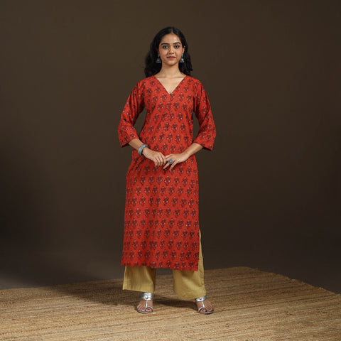 Red - Ajrakh Hand Block Print Natural Dyed Cotton Straight Long Kurta for women 13