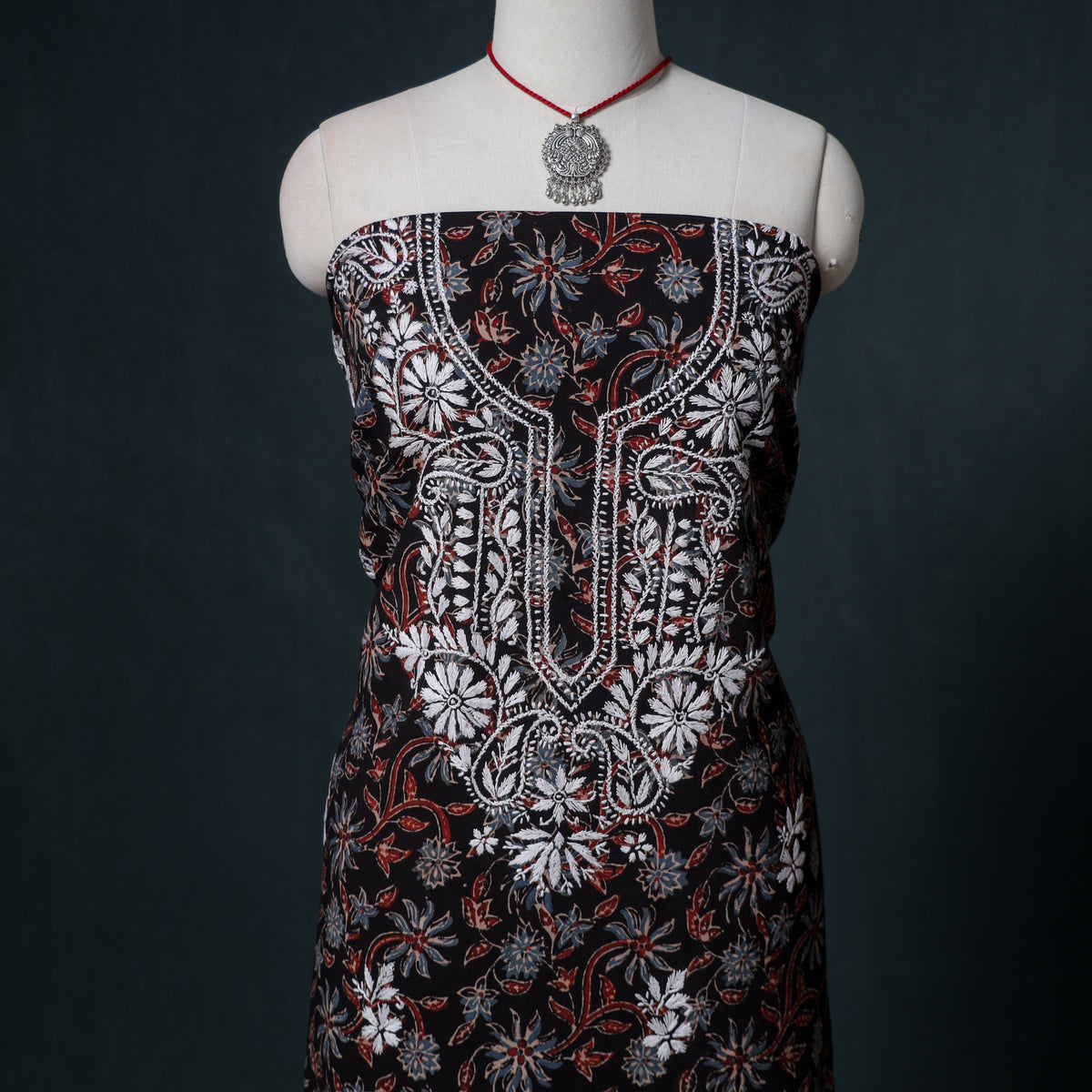 Lucknowi Chikankari Hand Work Unstitched Dress Material: Kurta & Dupatta with Jewellery 44