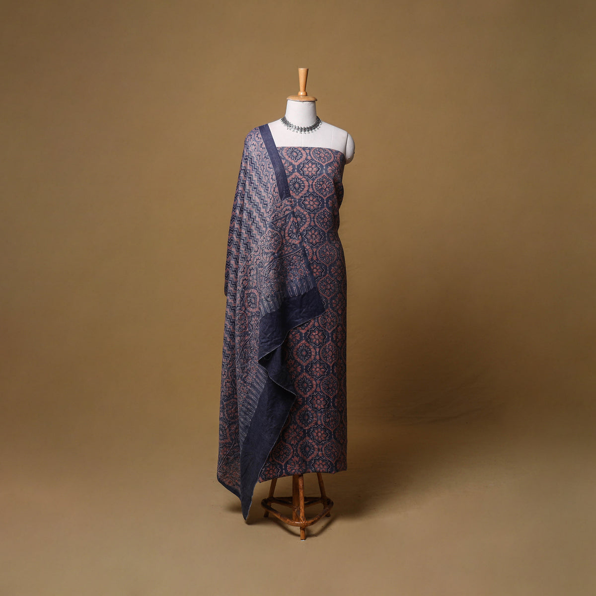 Woolen Ajrakh Hand Block Print Unstitched Dress Material: Kurta, Bottom with Dupatta 26