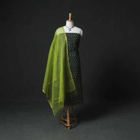 Ajrakh Block Print Natural Dyed Cotton Unstitched Dress Material: Kurta & Dupatta with Jewellery 06
