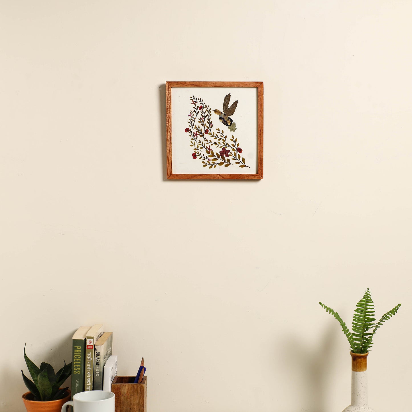 Humming Bird - Flower Art Work Wooden Wall Frame (8 x 8 in)