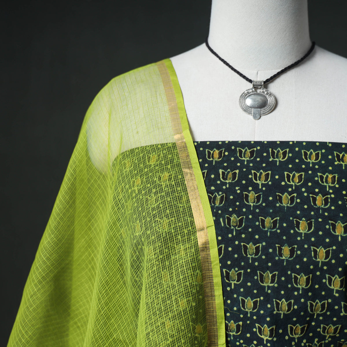 Ajrakh Block Print Natural Dyed Cotton Unstitched Dress Material: Kurta & Dupatta with Jewellery 06