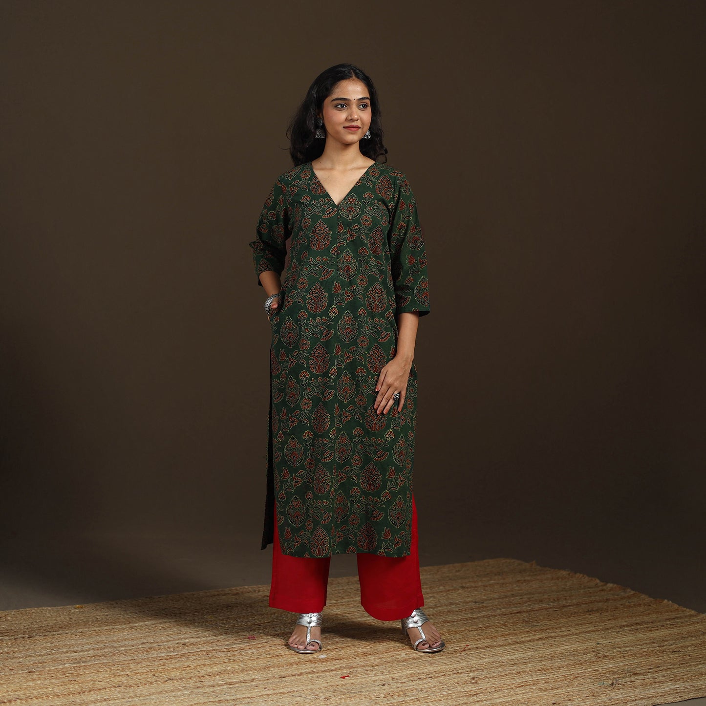 Ajrakh Hand Block Print Natural Dyed Cotton Straight Long Kurta for women 14