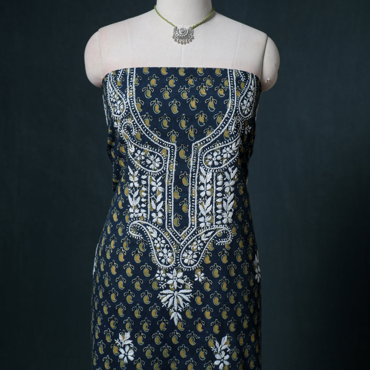 Lucknowi Chikankari Hand Work Unstitched Dress Material: Kurta & Dupatta with Jewellery 45