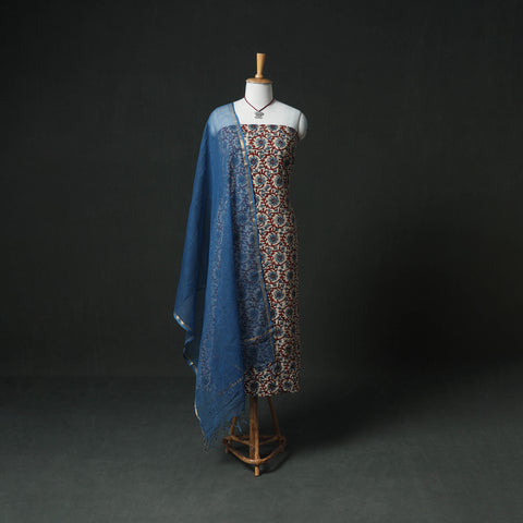 Ajrakh Block Print Natural Dyed Cotton Unstitched Dress Material: Kurta & Dupatta with Jewellery 07