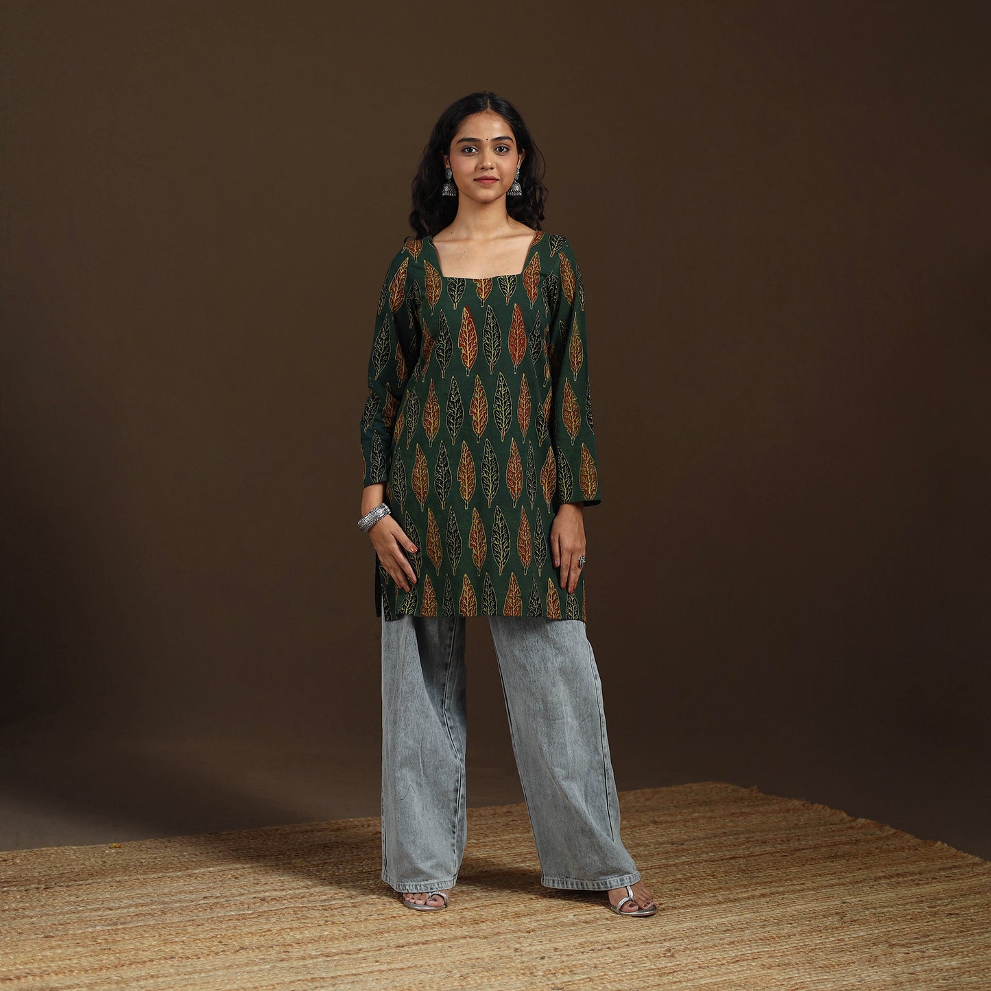 Ajrakh Hand Block Print Natural Dyed Cotton Full Sleeves Short Kurta for women 42