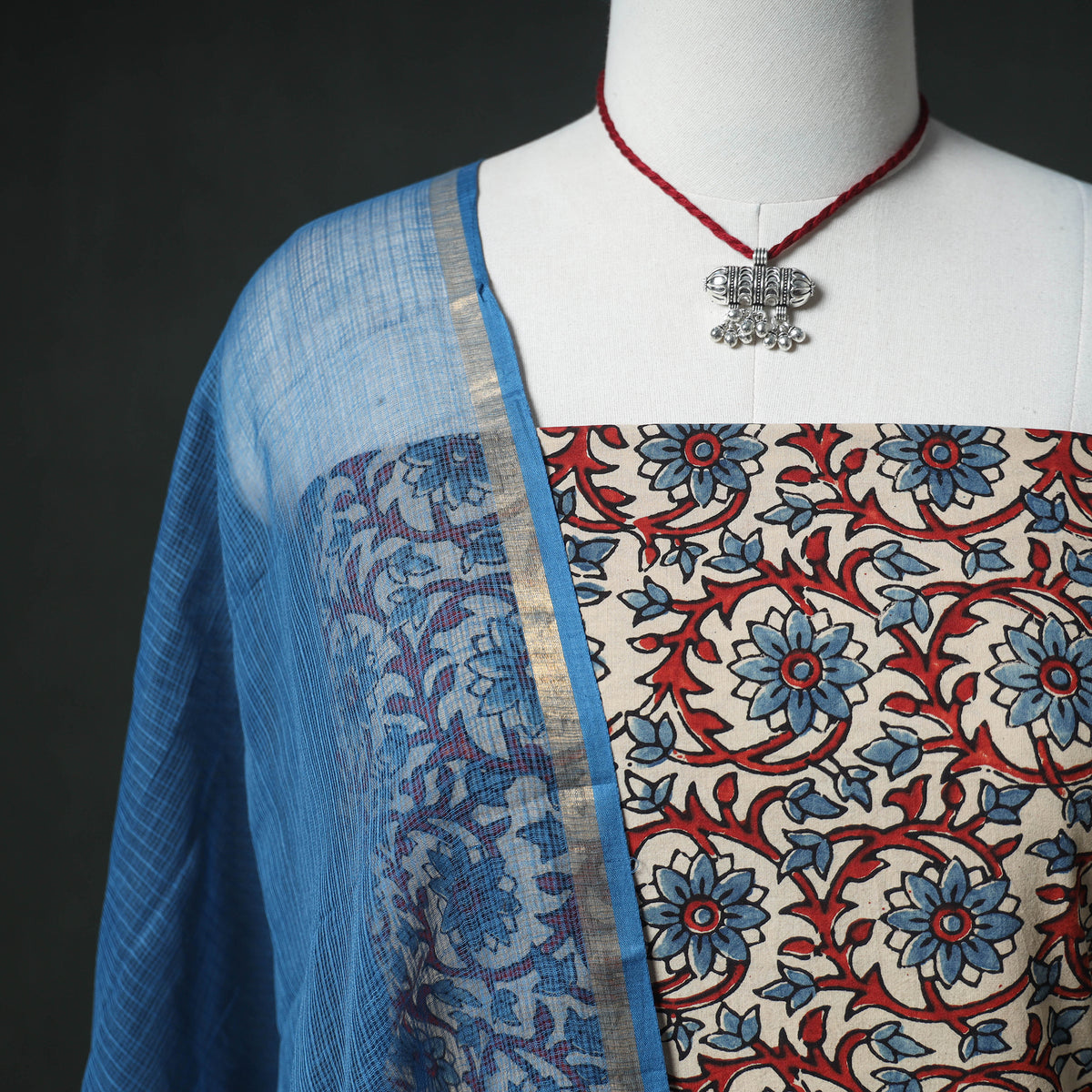 Ajrakh Block Print Natural Dyed Cotton Unstitched Dress Material: Kurta & Dupatta with Jewellery 07