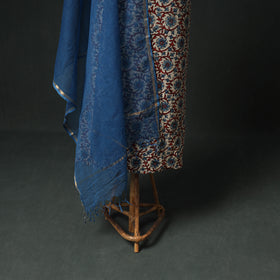 Ajrakh Block Print Natural Dyed Cotton Unstitched Dress Material: Kurta & Dupatta with Jewellery 07