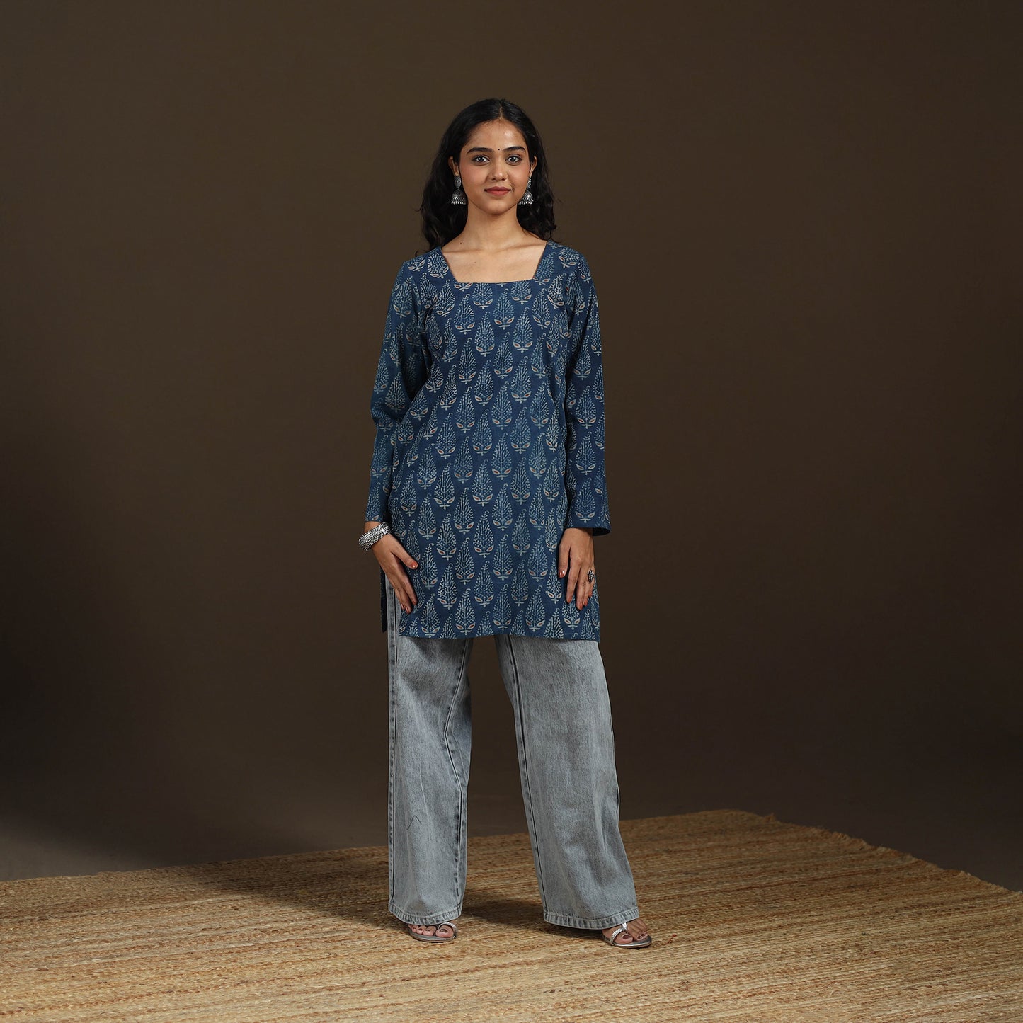Ajrakh Hand Block Print Natural Dyed Cotton Full Sleeves Short Kurta for women 41