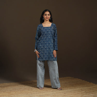 Ajrakh Hand Block Print Natural Dyed Cotton Full Sleeves Short Kurta for women 41