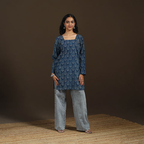 Ajrakh Hand Block Print Natural Dyed Cotton Full Sleeves Short Kurta for women 41
