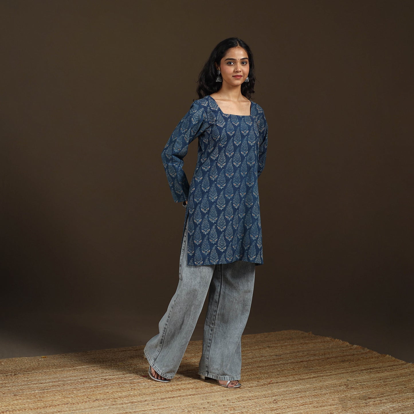 Ajrakh Hand Block Print Natural Dyed Cotton Full Sleeves Short Kurta for women 41