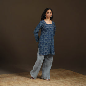 Ajrakh Hand Block Print Natural Dyed Cotton Full Sleeves Short Kurta for women 41