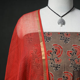 Ajrakh Block Print Natural Dyed Cotton Unstitched Dress Material: Kurta & Dupatta with Jewellery 08