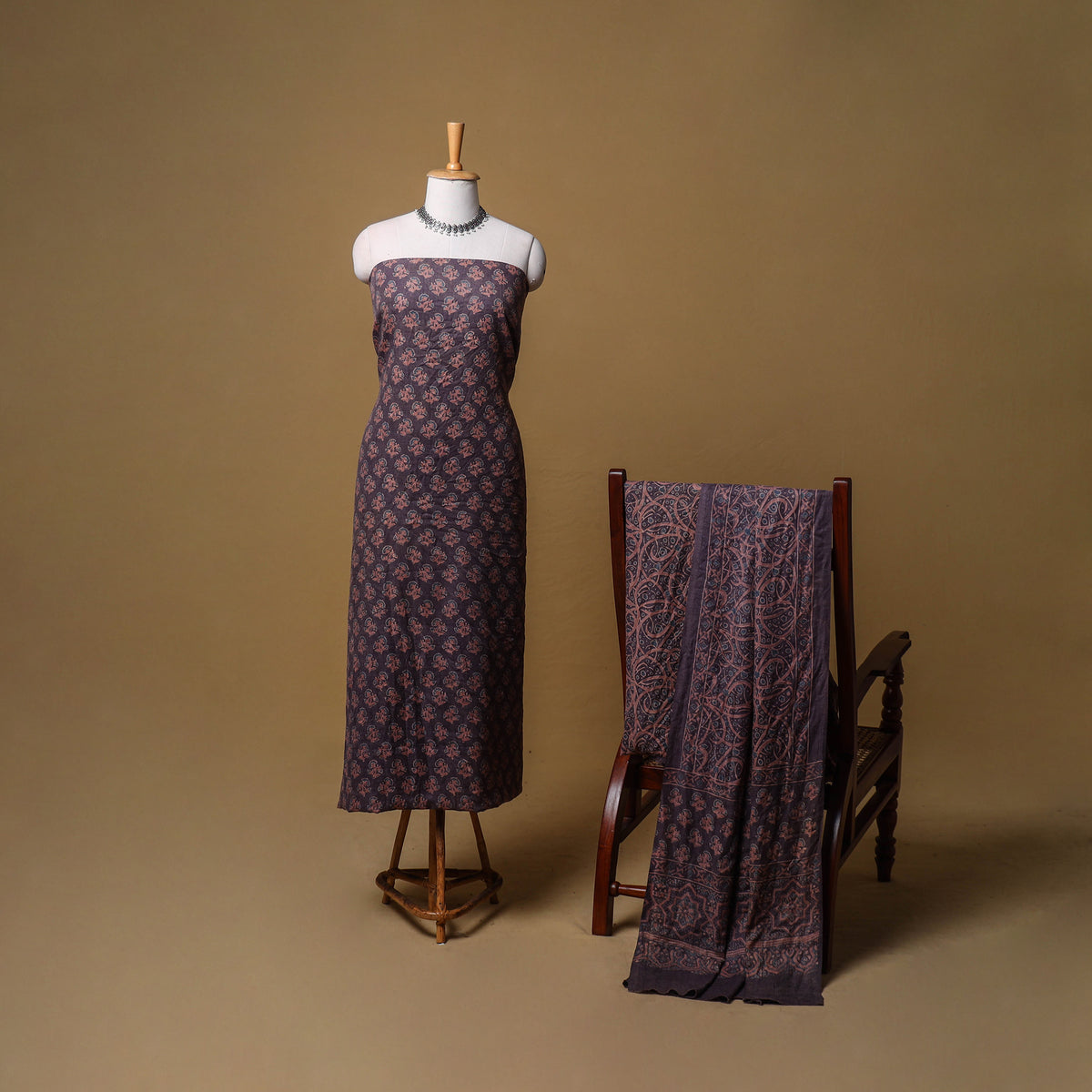 Woolen Ajrakh Hand Block Print Unstitched Dress Material: Kurta, Bottom with Dupatta 28