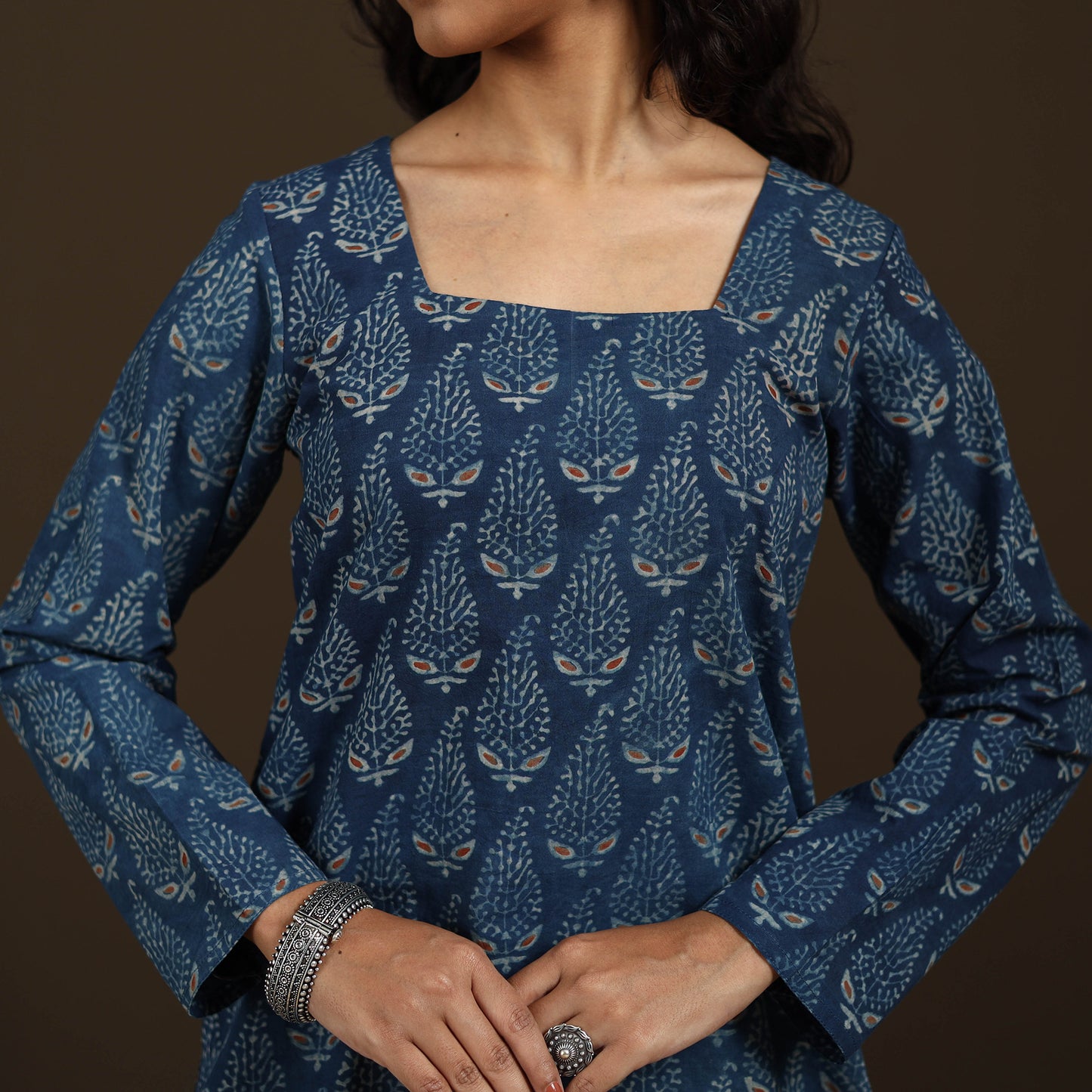Ajrakh Hand Block Print Natural Dyed Cotton Full Sleeves Short Kurta for women 41