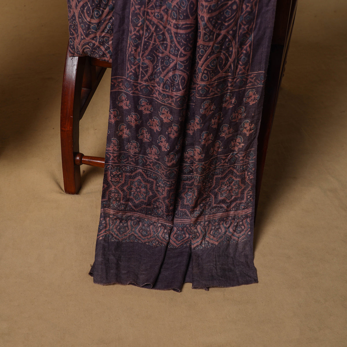 Woolen Ajrakh Hand Block Print Unstitched Dress Material: Kurta, Bottom with Dupatta 28