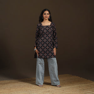 Ajrakh Hand Block Print Natural Dyed Cotton Full Sleeves Short Kurta for women 44