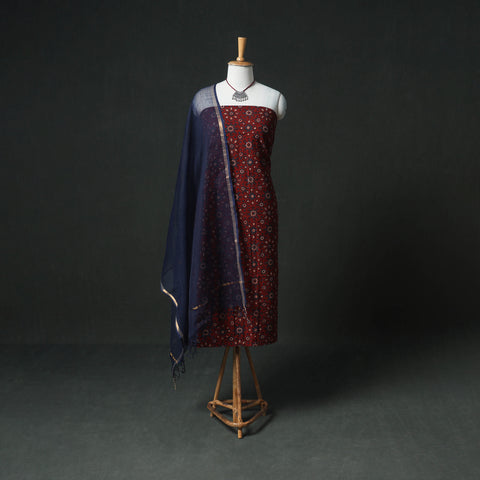 Ajrakh Block Print Natural Dyed Cotton Unstitched Dress Material: Kurta & Dupatta with Jewellery 09