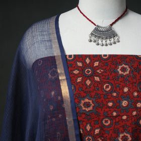 Ajrakh Block Print Natural Dyed Cotton Unstitched Dress Material: Kurta & Dupatta with Jewellery 09
