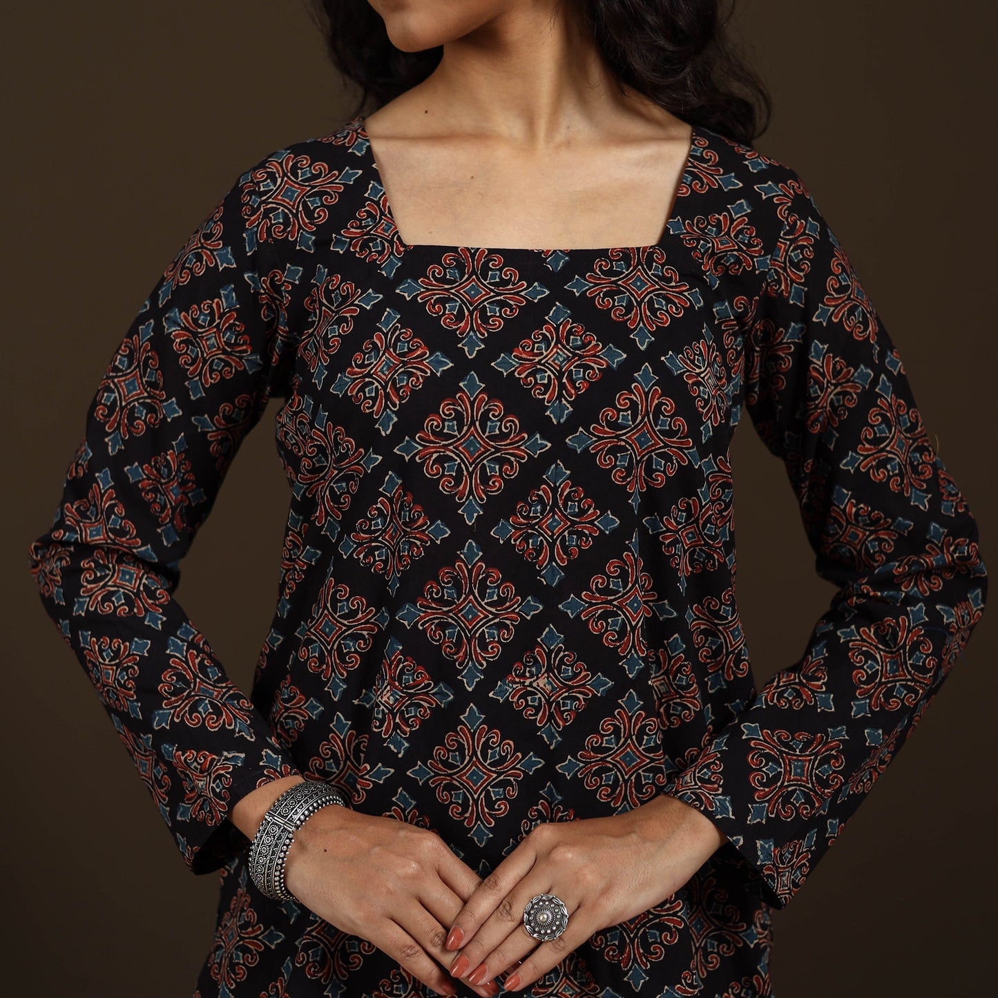 Ajrakh Hand Block Print Natural Dyed Cotton Full Sleeves Short Kurta for women 44