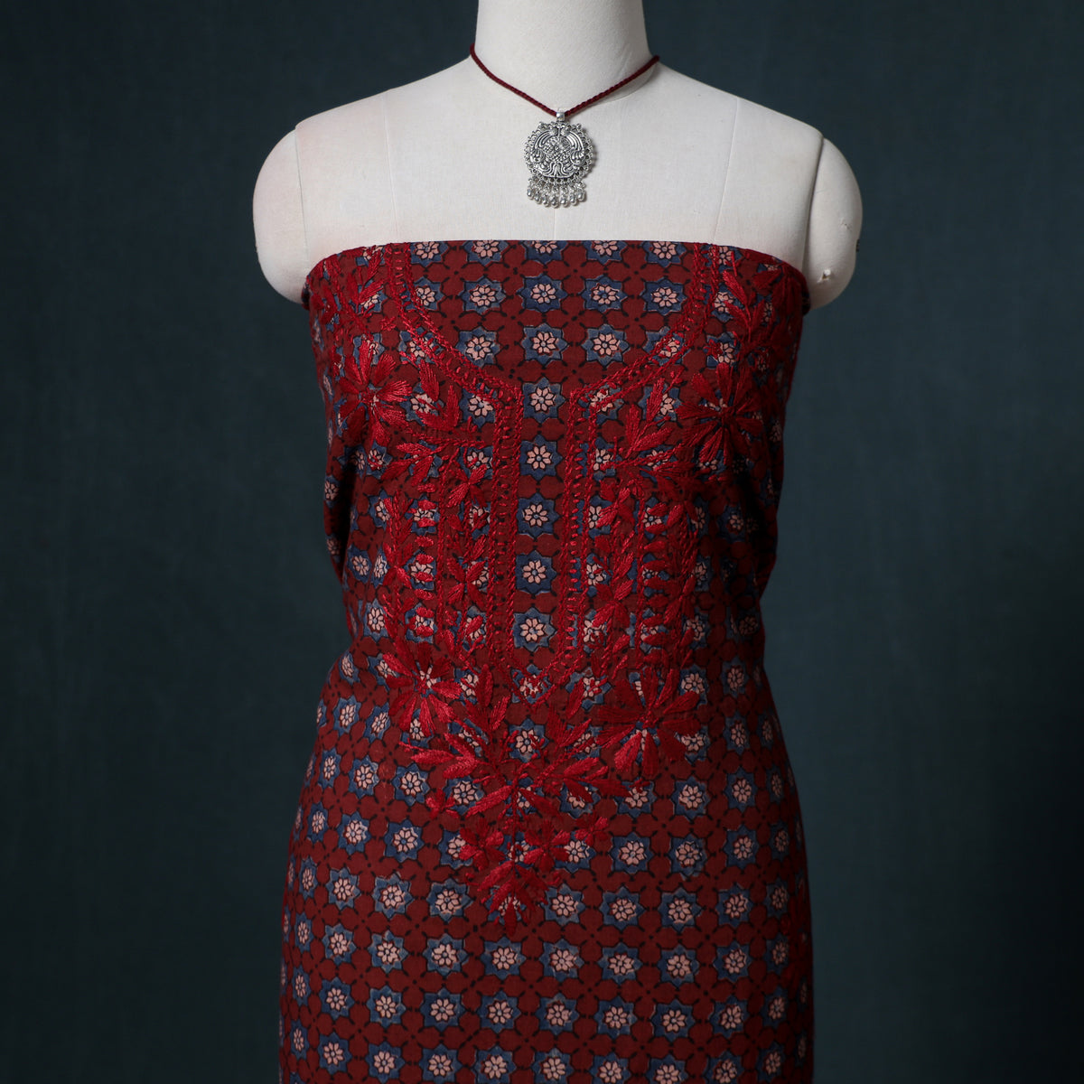 Lucknowi Chikankari Hand Work Unstitched Dress Material: Kurta & Dupatta with Jewellery 47