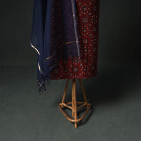 Ajrakh Block Print Natural Dyed Cotton Unstitched Dress Material: Kurta & Dupatta with Jewellery 09