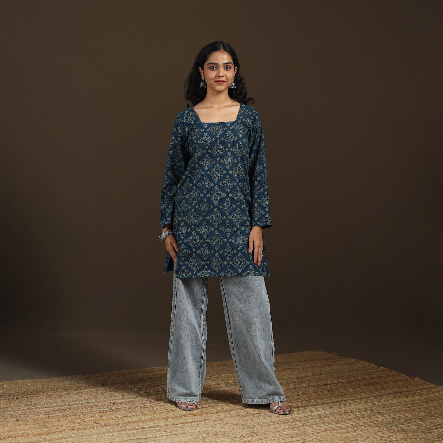 Ajrakh Hand Block Print Natural Dyed Cotton Full Sleeves Short Kurta for women 43