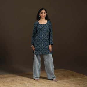 Ajrakh Hand Block Print Natural Dyed Cotton Full Sleeves Short Kurta for women 43