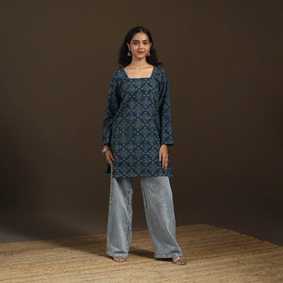 Ajrakh Hand Block Print Natural Dyed Cotton Full Sleeves Short Kurta for women 43