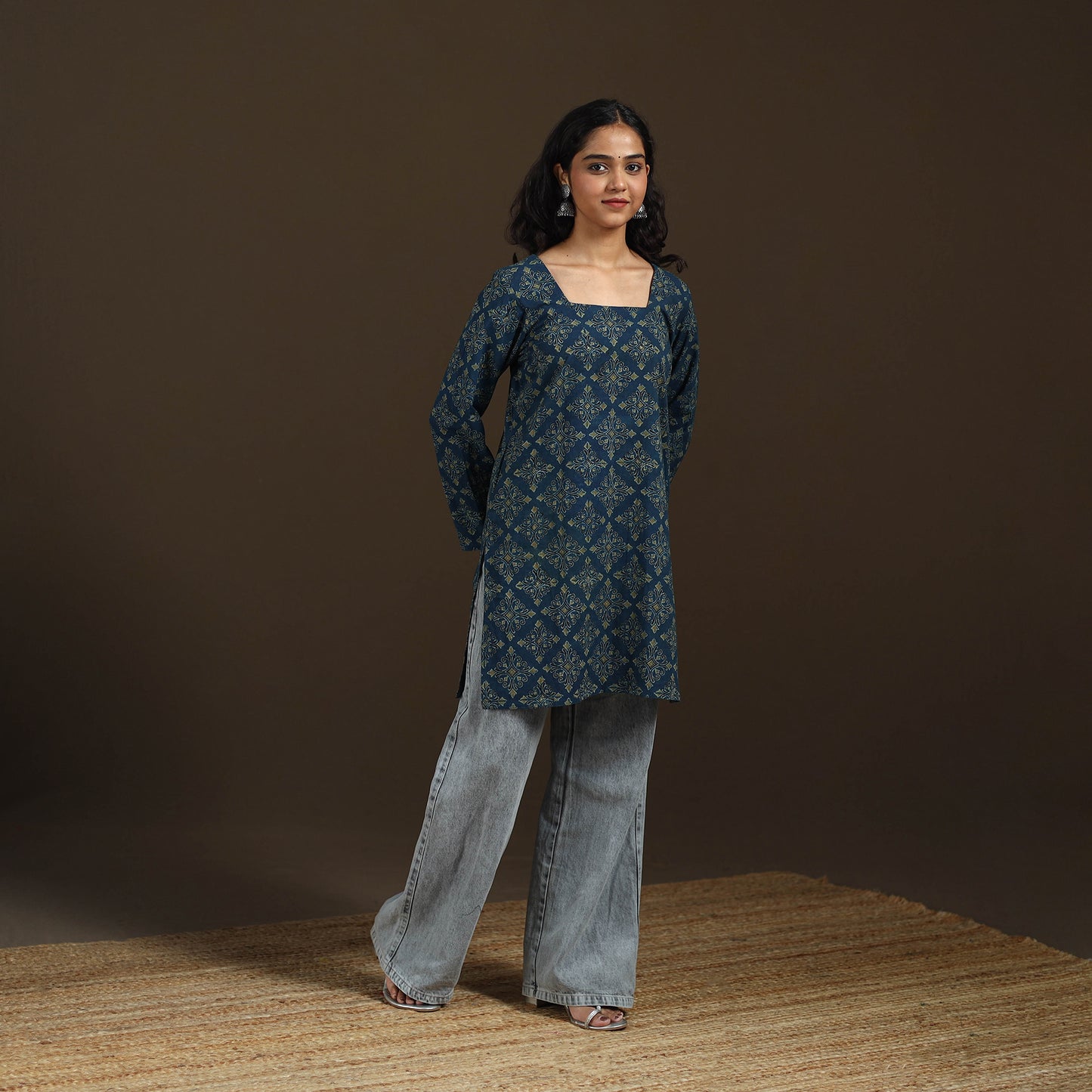 Ajrakh Hand Block Print Natural Dyed Cotton Full Sleeves Short Kurta for women 43