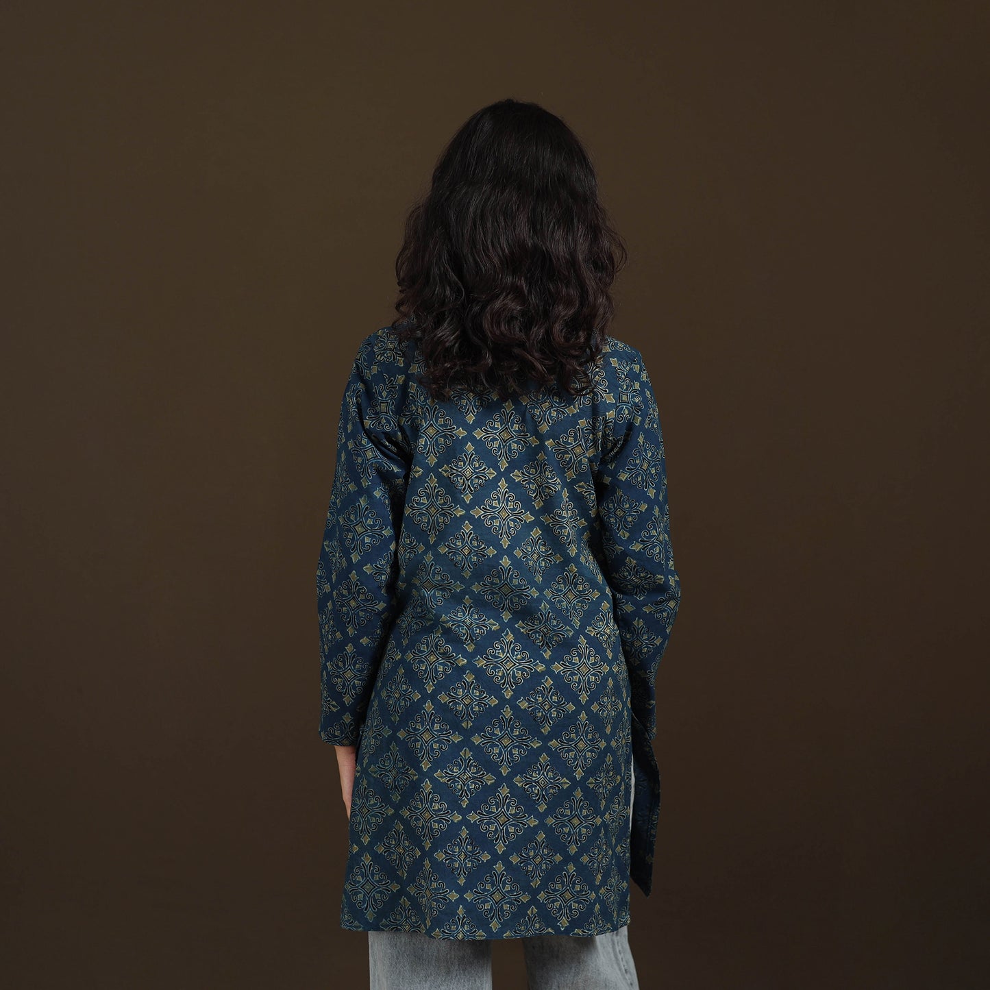 Ajrakh Hand Block Print Natural Dyed Cotton Full Sleeves Short Kurta for women 43