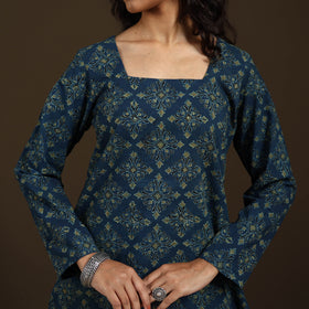 Ajrakh Hand Block Print Natural Dyed Cotton Full Sleeves Short Kurta for women 43