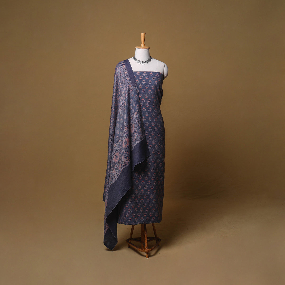 Woolen Ajrakh Hand Block Print Unstitched Dress Material: Kurta, Bottom with Dupatta 30