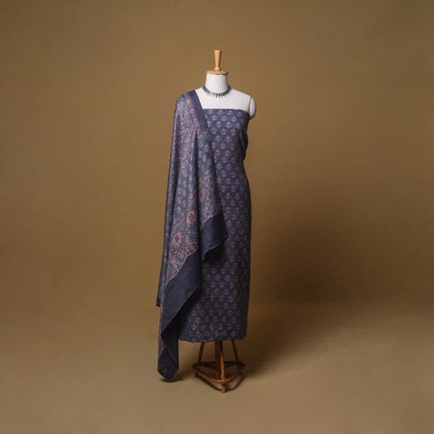 Woolen Ajrakh Hand Block Print Unstitched Dress Material: Kurta, Bottom with Dupatta 30