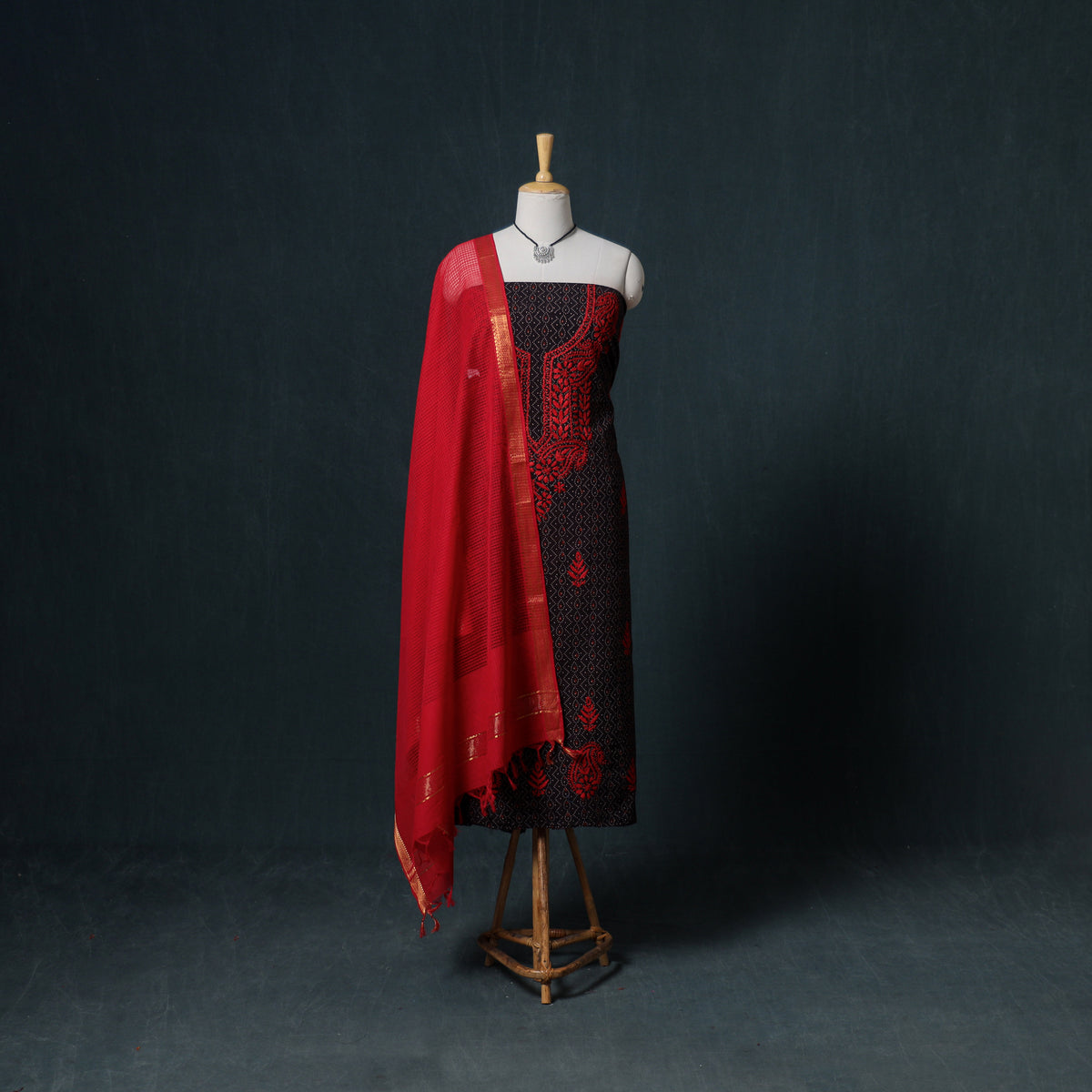 Lucknowi Chikankari Hand Work Unstitched Dress Material: Kurta & Dupatta with Jewellery 48